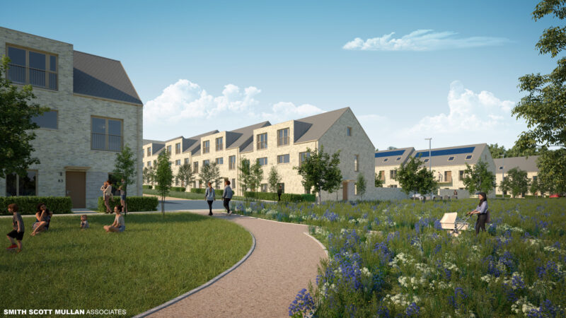 Illustrative visual of Silverlea development once complete, with safe walking paths, a flower meadow and people sitting on the grass