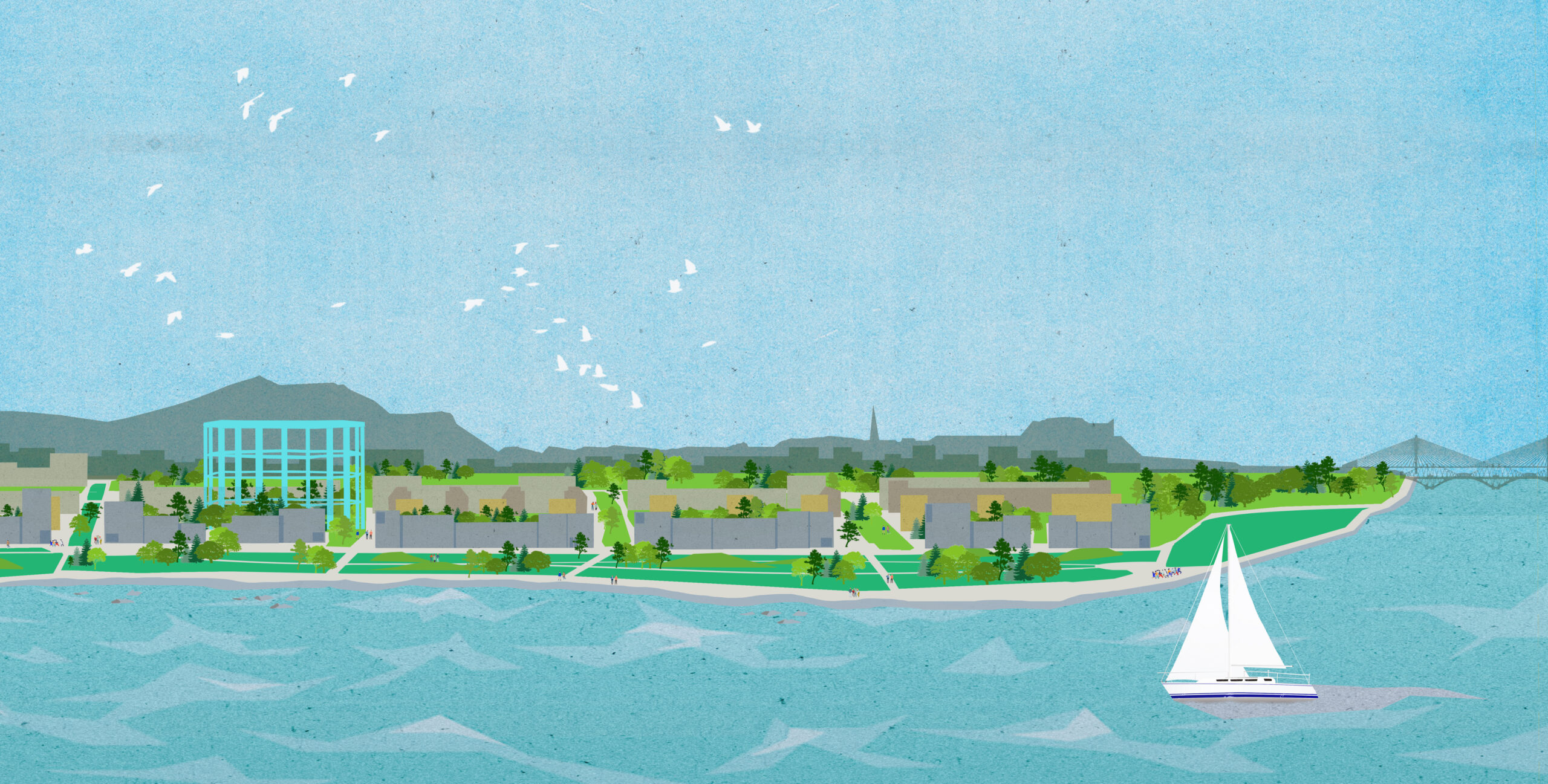 Illustrative visual of Granton Waterfront as it is seen from the sea with the Granton Gasholder and boats in the Forth of Firth.