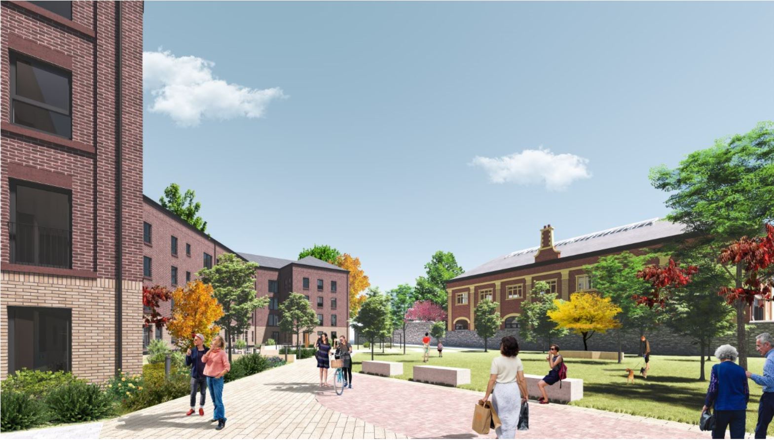 Illustrative visual of Granton Station View courtyard with people walking and bikes