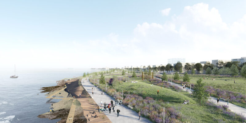 Illustrative visual of Granton Waterfront coastal park and promenade, with people walking, wheeling and cycling.