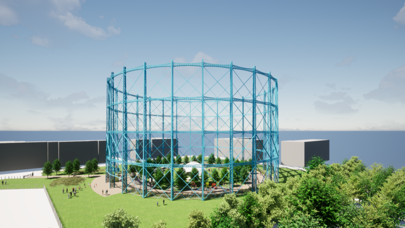 Illustrative visual of the Granton Gasholder Park once the restoration works have completed. Showing green park and trees.