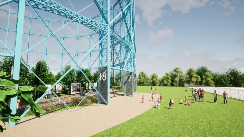 Illustrative visual of Granton Gasholder Park with people on the grass and art benches in the centre