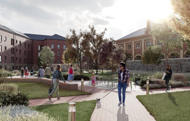 Illustrative visual of the Granton Station View courtyard with a woman walking her dog.