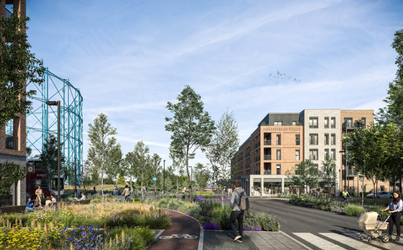 Illustrative visual of Waterfront Broadway in Granton with a view of future Phase One housing development overlooking the Gasholder.