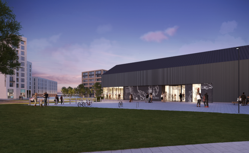 Illustrative visual of the public entrance to the future Art Works building by the National Galleries of Scotland in Granton