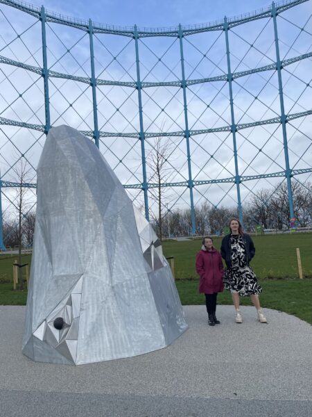 Granton Whale art sculpture in Granton Gasholder Park, with Artist Svetlana Kondakova Muir and Cllr Val Walker